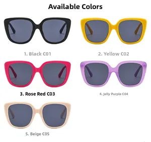 Detailed grid showing square cat-eye sunglasses in black, yellow, rose, purple and beige