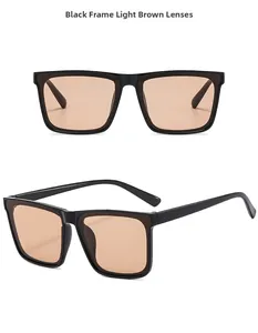 Close-up of square black frame sunglasses with light tea lenses from multiple angles