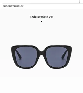 Detail view of glossy black oversized square frame sunglasses with dark grey lenses