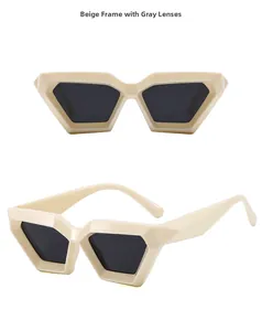 Front and side view of beige polygon sunglasses with gray lenses in punk hip-hop style