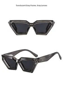 Detail of transparent gray polygonal sunglasses frame and dark lenses on white background