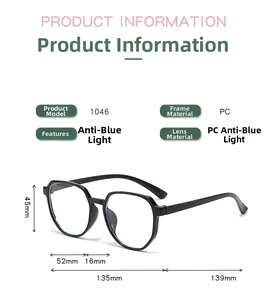 Detailed dimensions of hexagon blue light blocking glasses with black PC frame model 1046