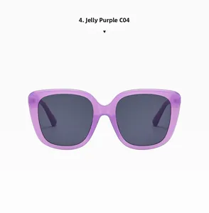 Detailed front view of oversized square sunglasses in Jelly Purple with UV lenses