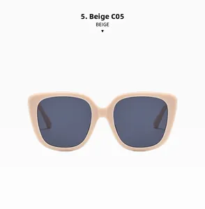 Detailed close-up of beige square oversized sunglasses with dark grey lenses in C05 color