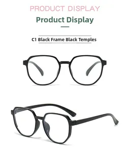 Front and side view of children's anti-blue light glasses with black polygonal frames