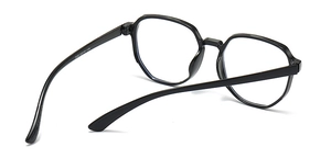 Detail view of black hexagonal kids' anti-blue light glasses showing frame parameters