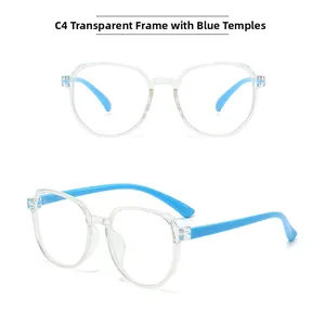 Detail view of C4 kids eyeglasses with transparent polygon frames and bright blue temples