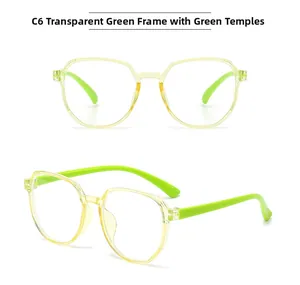 Detail view of transparent light green polygonal glasses frame with bright green temples