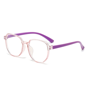 Child blue light blocking glasses with pink polygonal frames and purple temples in 45-degree view