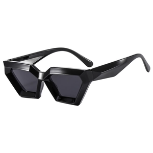 Polygonal geometric sunglasses with black chunky frame and UV protection dark lenses