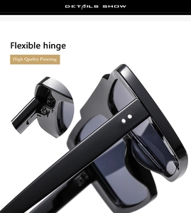 Detail of high quality flexible metal hinge on black square oversized sunglasses