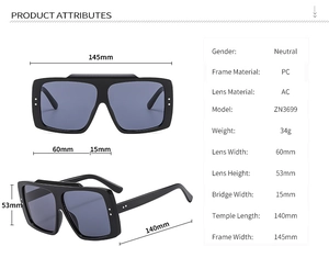 Detailed size specifications for square frame oversized sunglasses with black PC frames