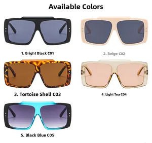 Front view of large square sunglasses in five colors with metal rivets on white backdrop