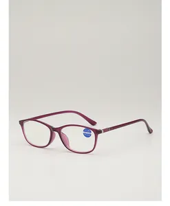 Detail showing burgundy reading glasses with +1.00 strength and anti-blue light filter lens