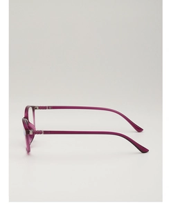 Detail view of purple semi-transparent eyewear frame with textured hinge design
