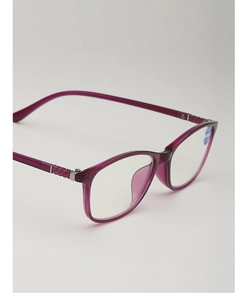 Detail view of purple semi-transparent reading glasses with silver metal hinge accents