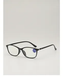 Detail of +2.00 blue light blocking reading glasses with black oval frame and clear lenses