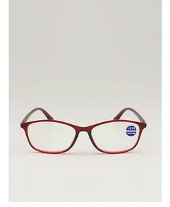 Detail view of red reading glasses with +2.00 strength and anti-blue light lens sticker