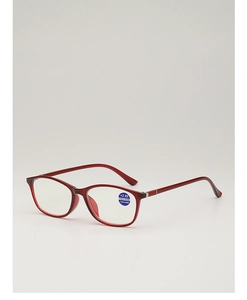Detail of red reading glasses with +2.00 strength label and blue light blocking lenses