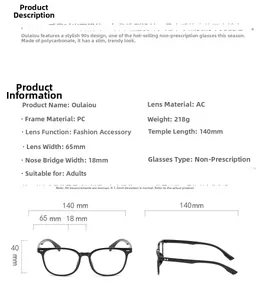 Detailed size chart for retro square blue light glasses with dimensions and PC frame info