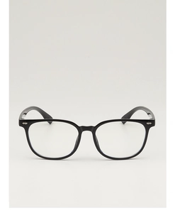 Detail view of retro black square glasses frames with silver rivet accents and clear lenses