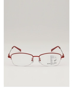 Detail der roten Halbrand-Lesebrille mit Gleitsicht-Markierungen und Stärke von plus 200