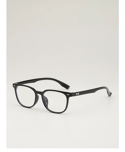 Detail view of black vintage square glasses frame with silver metal hinge accents