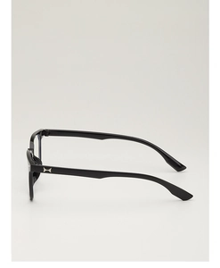 Side view of black full-rim glasses frame with elegant silver metal logo on temple