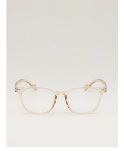 Macro shot of stylish champagne transparent eyeglass frames with durable metal hinges