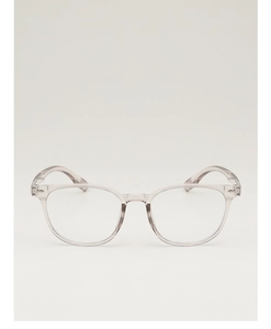 Close-up of transparent square frame glasses with integrated nose pads and clear structure
