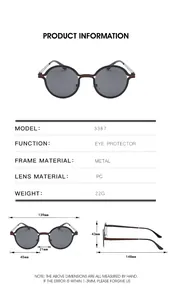 Detailed size guide with dimensions for round metal sunglasses and PC lens specs
