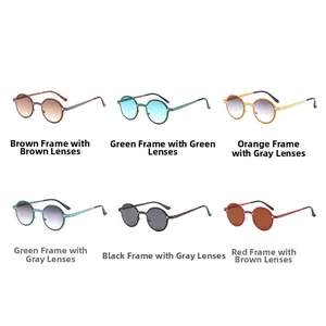 Detailed grid of retro round metal sunglasses in six unique dual-tone color combinations