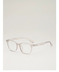 Close-up of transparent gray glasses frame with metal hinge and UV400 marking