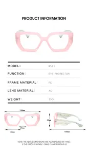Size chart for 8531 retro square glasses showing 150mm width and pink PC frame details