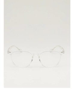 Close-up of transparent square glasses frame with a minimalist integrated nose bridge design