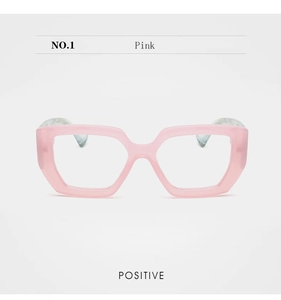 Front view of pink geometric frame glasses with marble textured blue and white temples