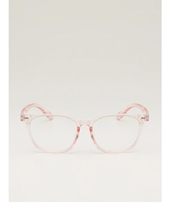 Close-up of crystal pink round eyeglasses frames in transparent TR90 material