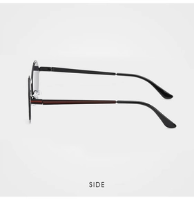 Side view of round metal sunglasses featuring distinctive red and black striped temples