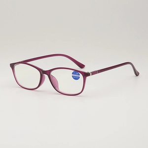 Purple full-frame reading glasses with blue light blocking lenses and +1.00 strength