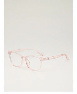 Detailed view of pink transparent square frames with printed specs on the temple arm