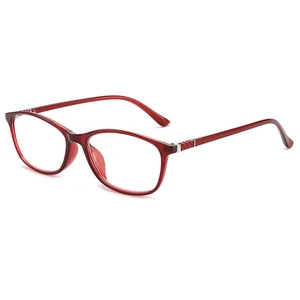 Elegant red semi-transparent reading glasses with blue light blocking lenses and metal hinges