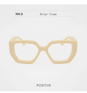 Front view of beige geometric eyeglass frames with thick retro square plastic rims