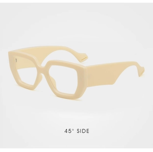 Detailed 45-degree side view of cream-colored thick frame glasses with geometric design