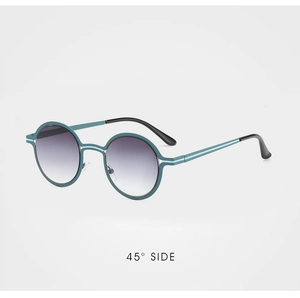 Retro round metal sunglasses with matte blue frame and grey gradient lenses side view