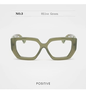 Front view of geometric olive green full-rim glasses frame with modern chunky design