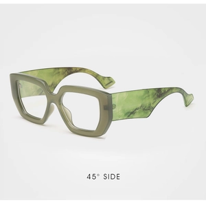 Detail view of the olive green acetate frame with marbled temples at a 45-degree angle