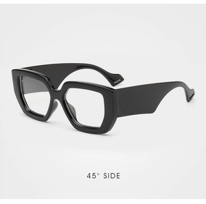 Detailed 45-degree side view of thick black square glasses with wavy temple tip design
