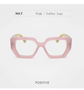 Front view of geometric pink frame glasses with coffee brown temples and blue light filter