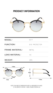 Detailed size specifications for retro round metal sunglasses with AC lenses and dimensions