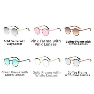 Six different color options for retro round metal frame sunglasses in a grid layout